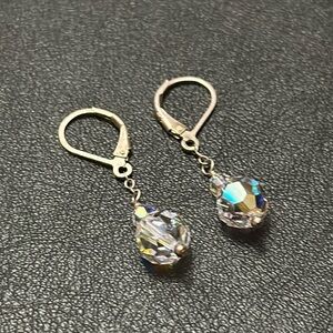925 Silver Wire Hook Lever Back AB Clear Crystal Dangle Vintage Earrings
